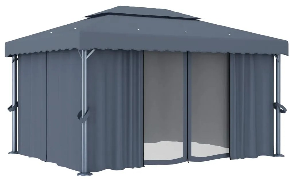 Gazebo com cortinas e cordões de luzes LED 4x3 m antracite