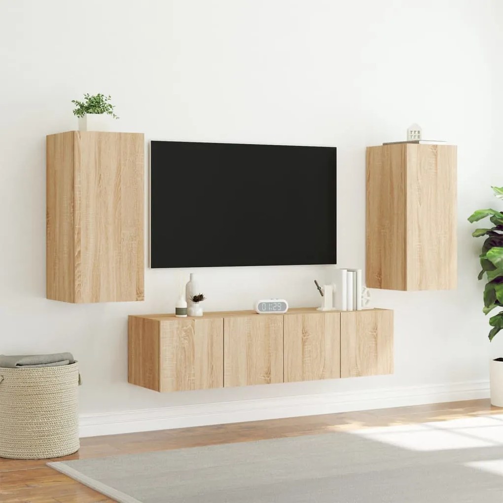 4pcs móveis parede p/ TV c/ LEDs deriv. madeira carvalho sonoma