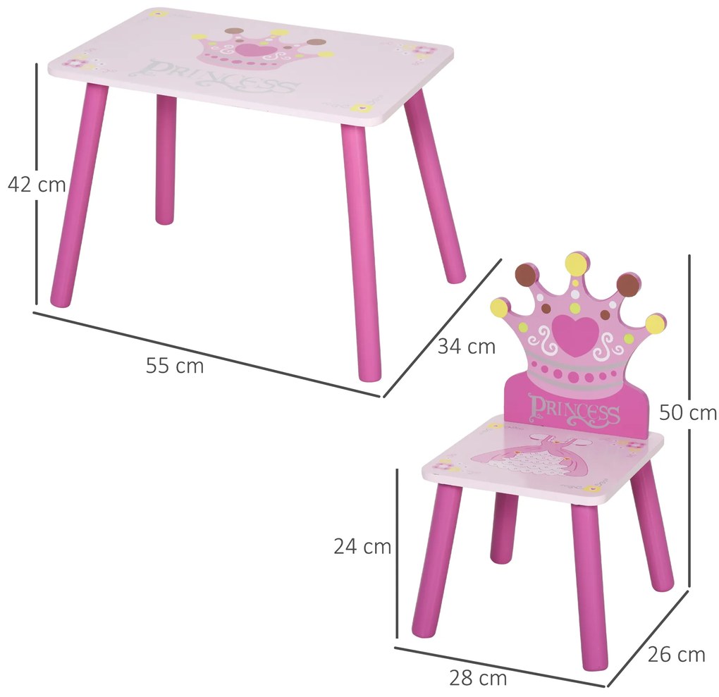 Conjunto de Mesa e 2 Cadeiras Infantis de madeira para crianças acima de 2 anos Set de Mesa 55x34x42cm e Cadeiras 28x26x50cm Rosa