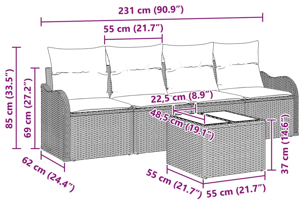 Conjunto de Sofás de Jardim vidaXL com Almofadas Castanho Rattan Polié