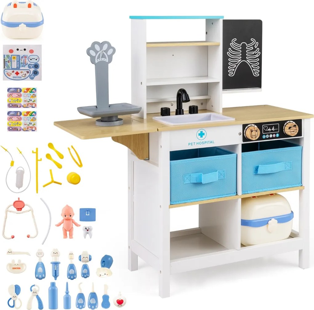 Centro Médico de Brincar de Madeira para Crianças 75 x 28 x 82 cm com Quadro Branco Balança para Animais de Estimação Torneira e Vários Acessórios Bra