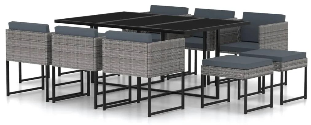 313101 vidaXL 11 pcs conjunto jantar exterior com almofadões vime PE cinzento