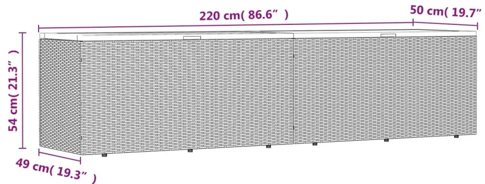 Caixa arrumação jardim 220x50x54 cm vime PE/acácia maciça cinza