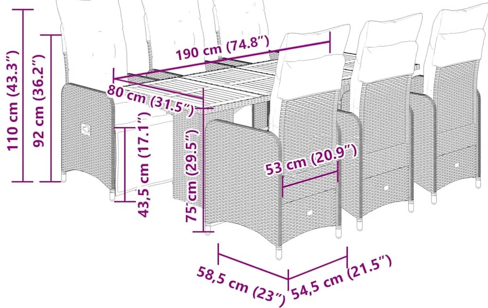 7 pcs conjunto bistrô de jardim c/ almofadões vime PE cinza