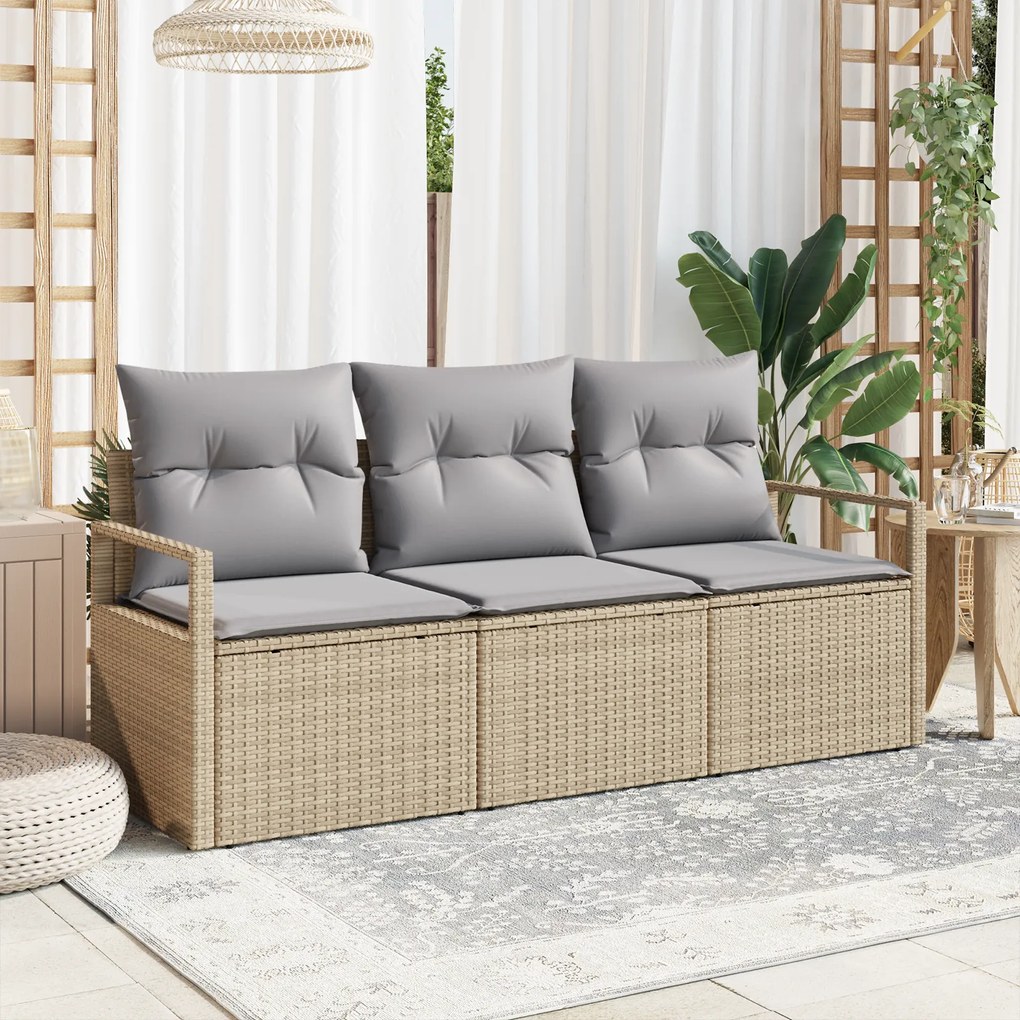 Conjunto de Sofá de Jardim vidaXL de 3 Peças com Almofadas Bege Rattan