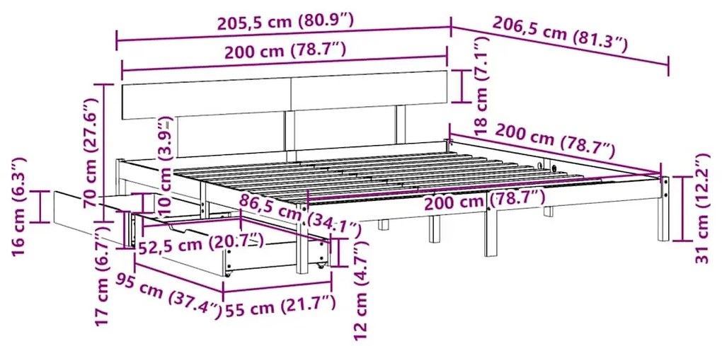 Cama sem colchão 200x200 cm madeira de pinho maciça branco