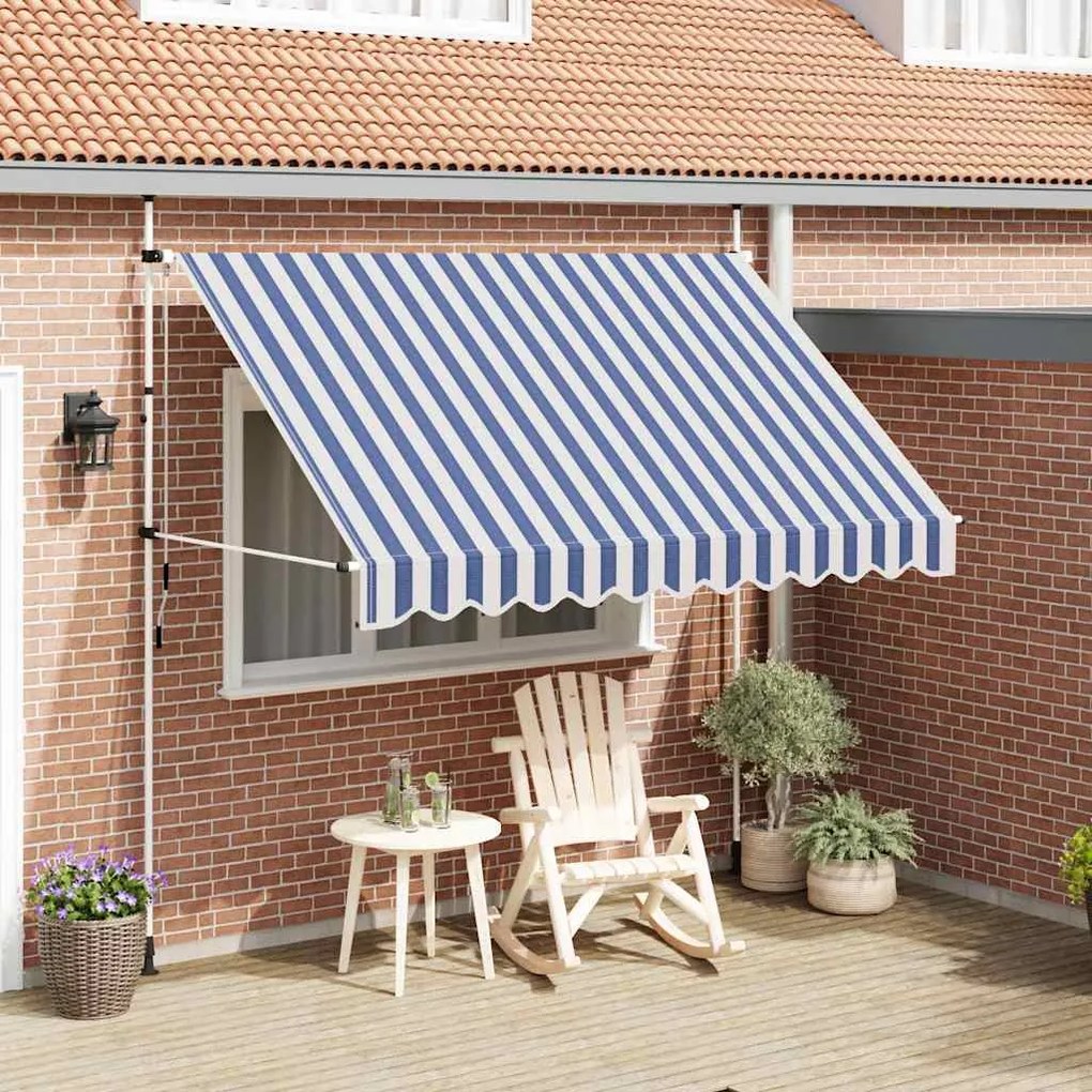 Toldo retrátil manual 300 cm riscas azuis e brancas