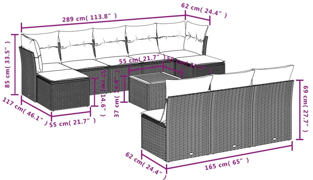 11 pcs conjunto sofás de jardim c/ almofadões vime PE cinzento