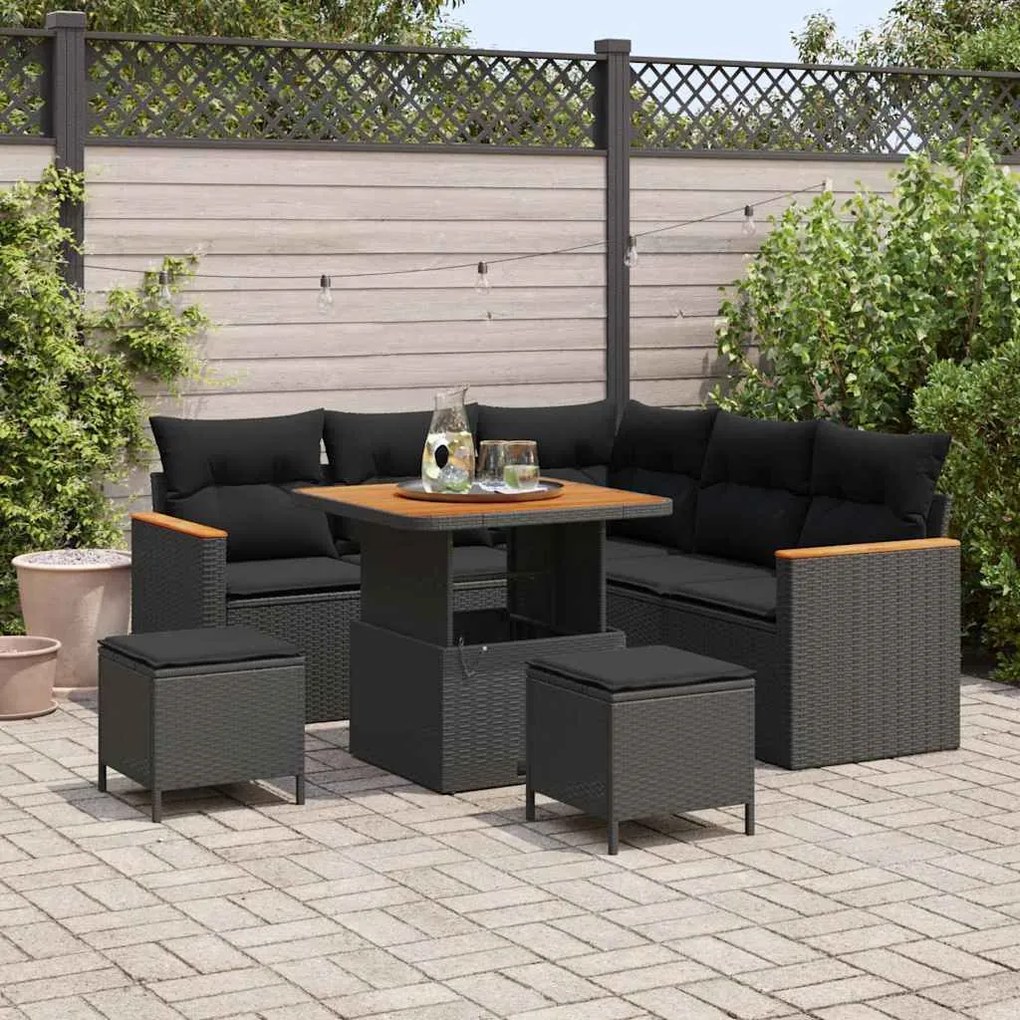 vidaXL Conjunto de Sofá pra Jardim com 8 Peças e Almofadas Pretas em Rattan Sintético.