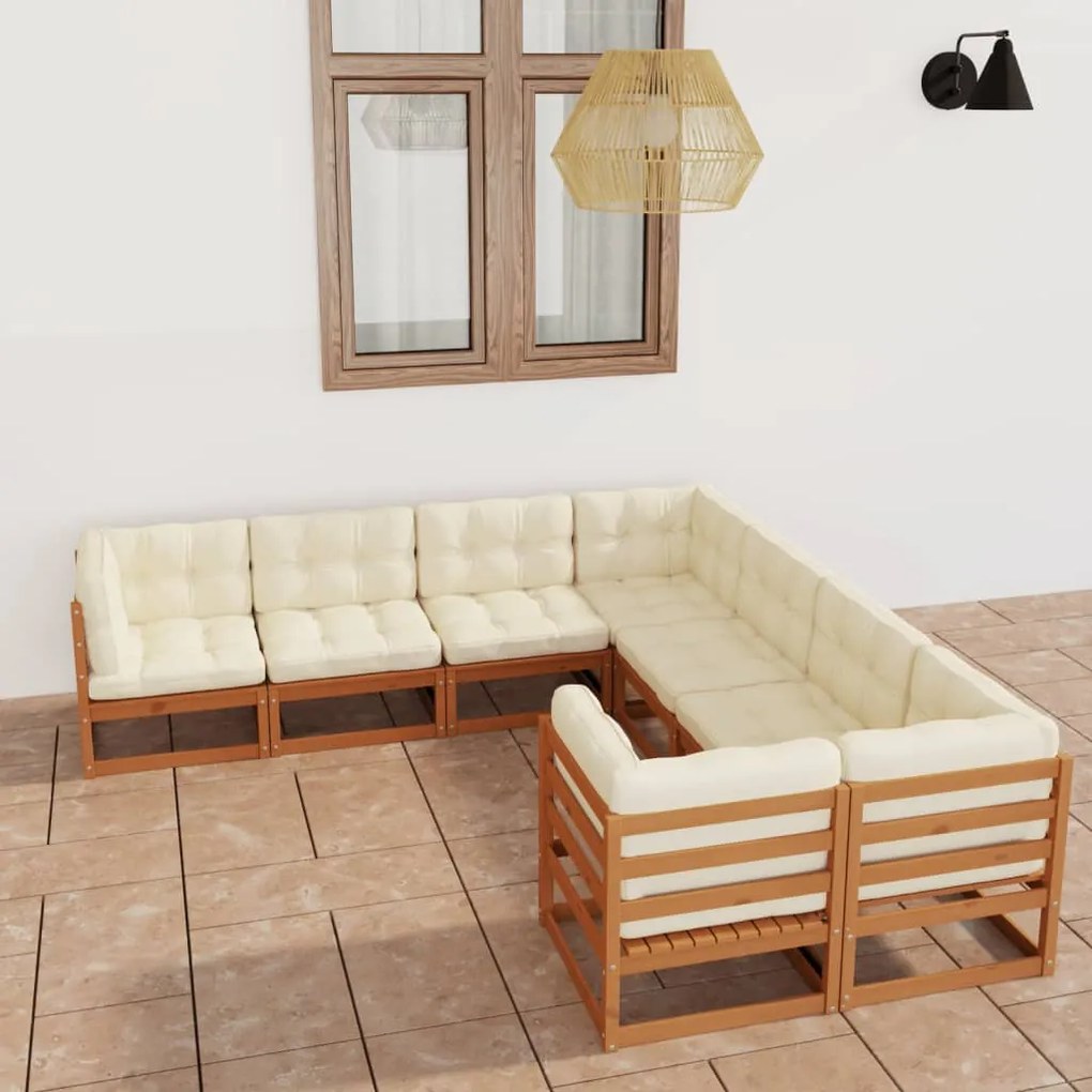 vidaXL 8pcs conj. lounge jardim e almofadões pinho maciço castanho mel