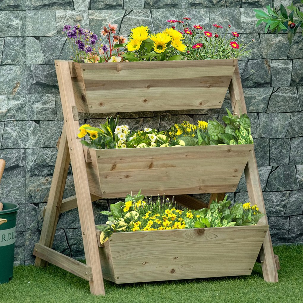 Outsunny Horta de Escada de 3 Níveis Horta de Madeira com Tecido não tecido e Orifícios de Drenagem Horta para Plantas Flores Ervas 71x61x77cm Madeira Natural