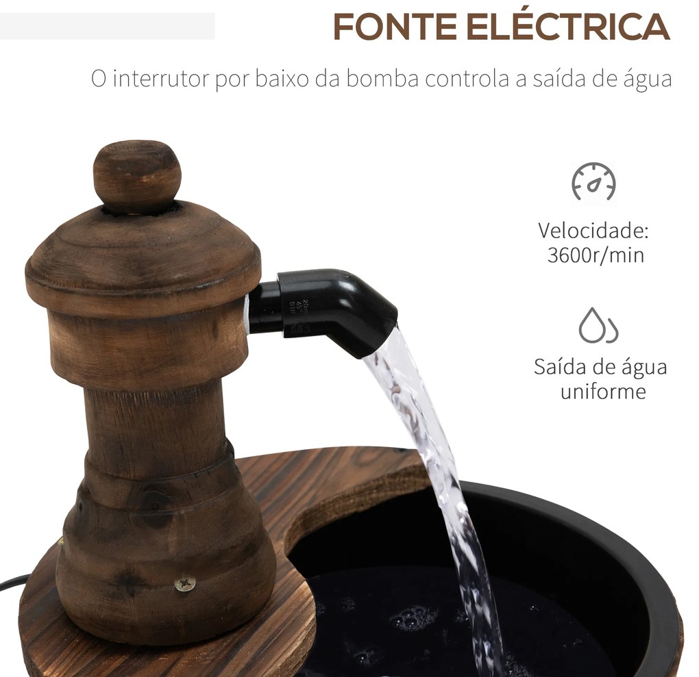 Fonte de Água de Madeira Fonte de Jardim em Cascata com Bomba Elétrica e Saída de Água Ajustável para Decoração 27x27x37 cm Madeira
