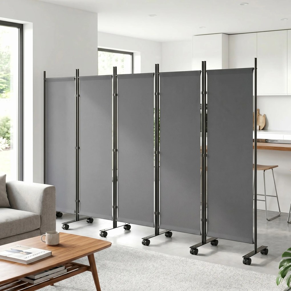 Biombo de Privacidade Dobrável de 5 Painéis, 252 x 40 x 170 cm, Com 12 Rodas, Cinzento-Escuro