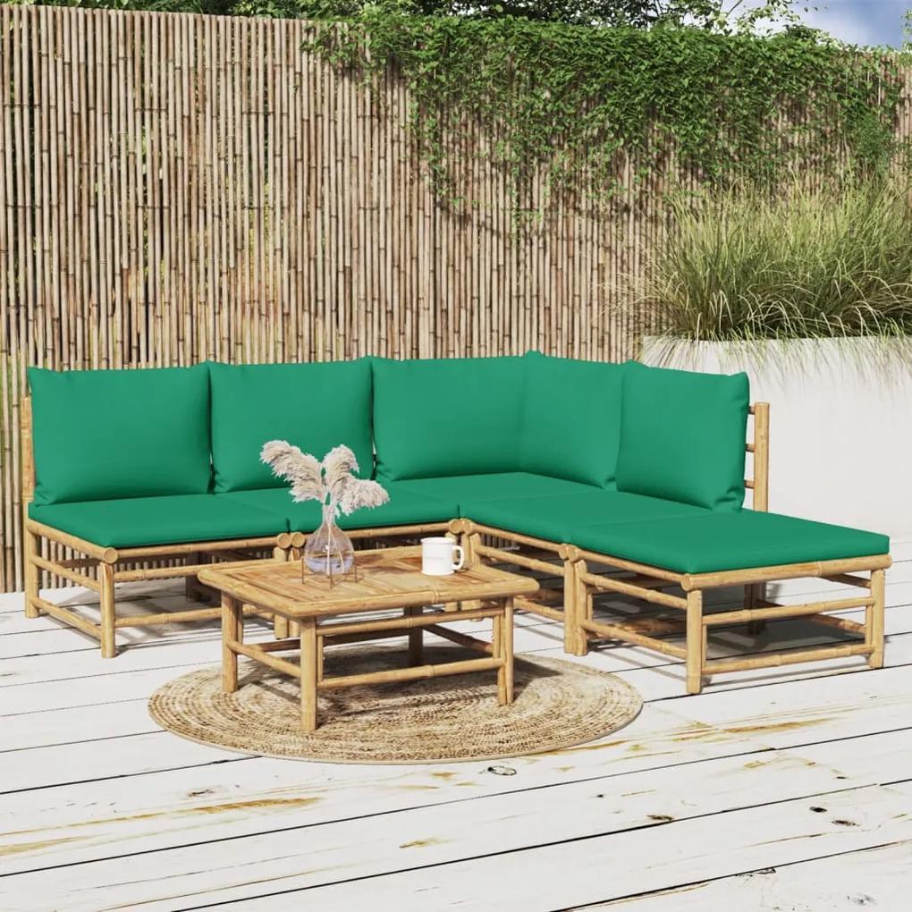 6 pcs conjunto lounge de jardim bambu c/ almofadões verdes