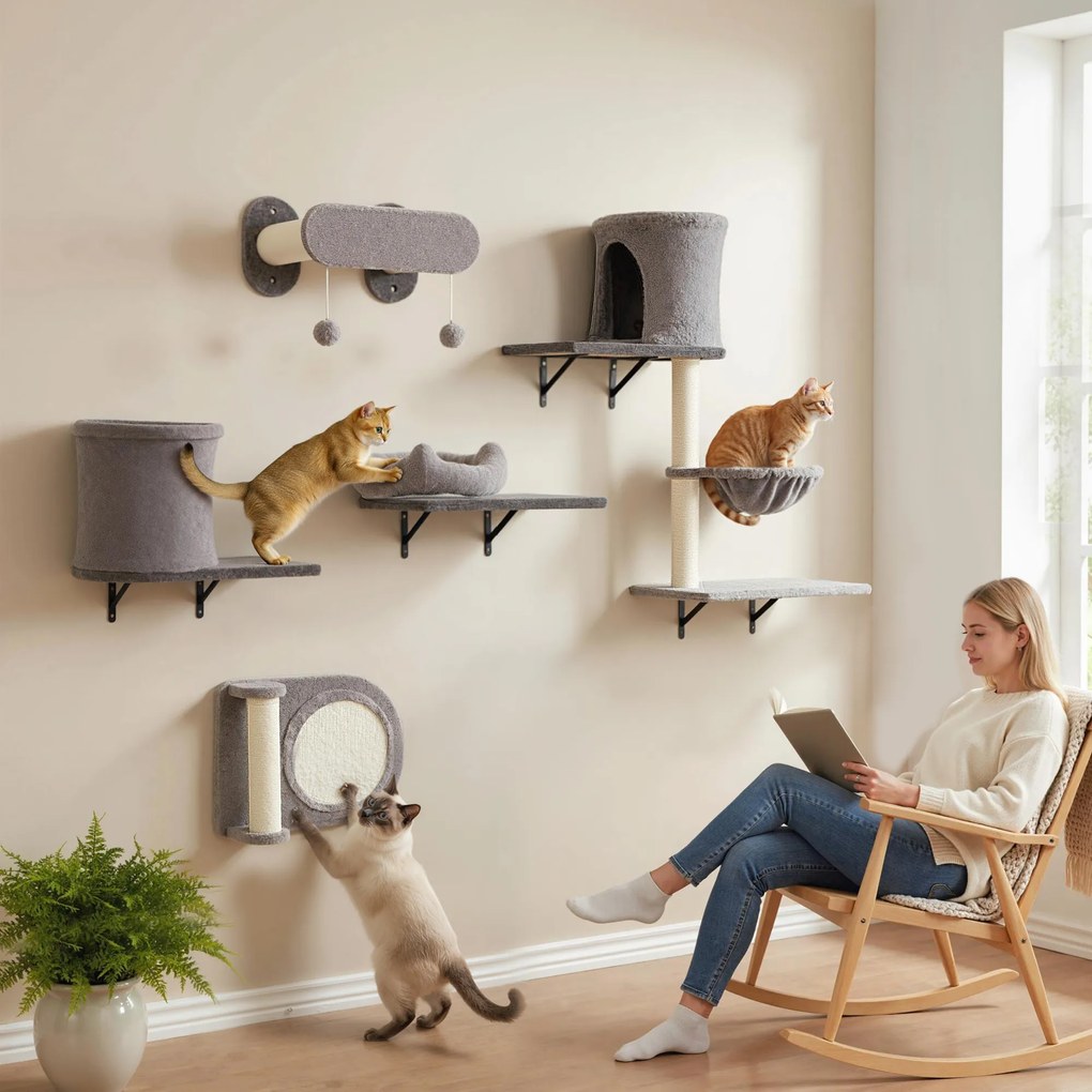 Prateleiras de parede para gatos, árvore de arranhar de parede, 5 peças, 2 compartimentos abertos, rede, plataformas e arranhadores em sisal cinzento