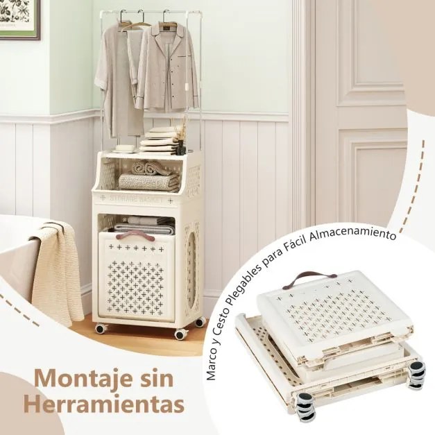 Cesto de roupa suja 40 x 29,5 x 136 cm com rodas e cabide dobrável de plástico multicamadas com cabide bege