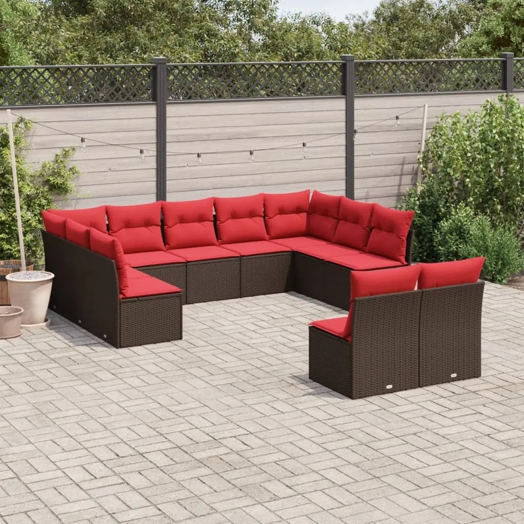 vidaXL 11 pcs conjunto sofás de jardim c/ almofadões vime PE castanho
