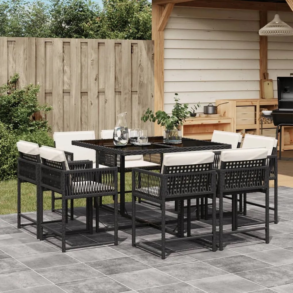 vidaXL 9 pcs conjunto de jantar p/ jardim c/ almofadões vime PE preto