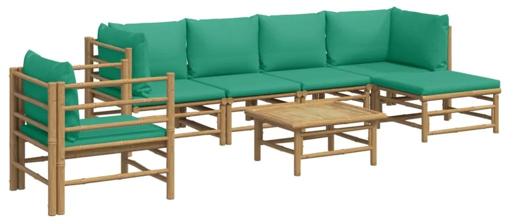 7 pcs conjunto lounge de jardim bambu c/ almofadões verdes