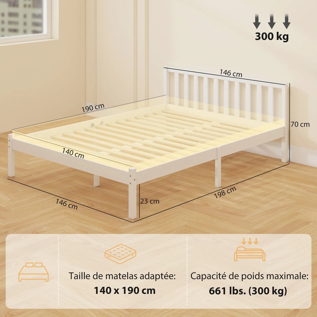 Estrutura de cama em madeira maciça 140x190 cm (COLCHÃO NÃO INCLUIDO), cama individual com cabeceira e base de ripas resistente, para crianças e adult
