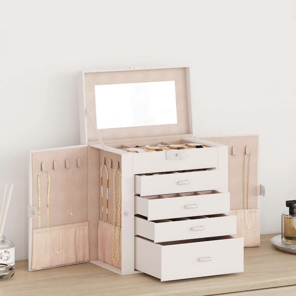 vidaXL Caixa para jóias de 5 camadas com espelho com fechadura Branco