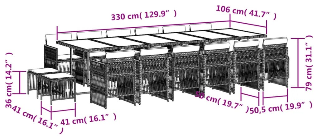 17 pcs conj. de jantar p/ jardim c/ almofadões vime PE cinzento