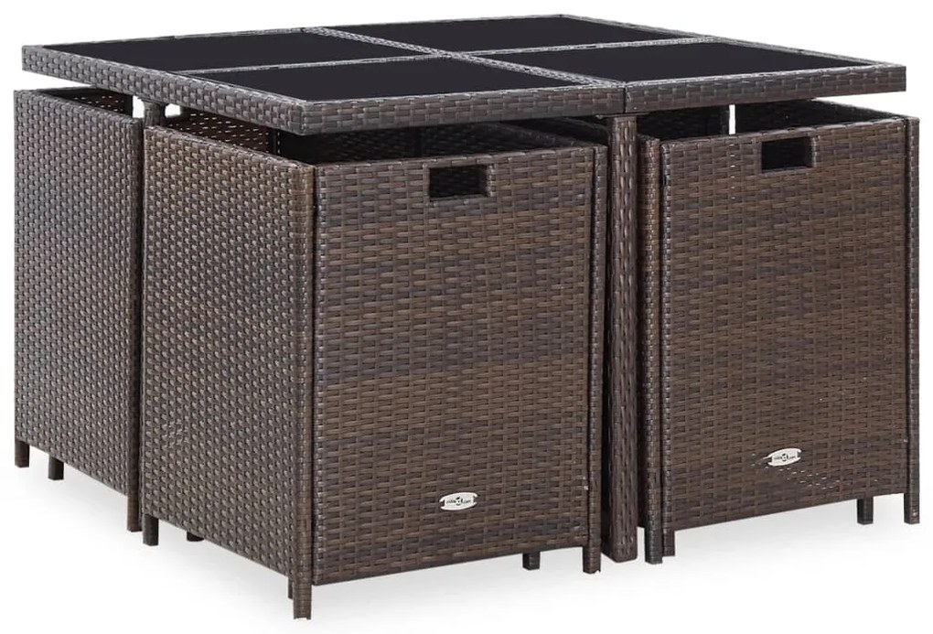 9 pcs conjunto jantar exterior c/ almofadões vime PE castanho