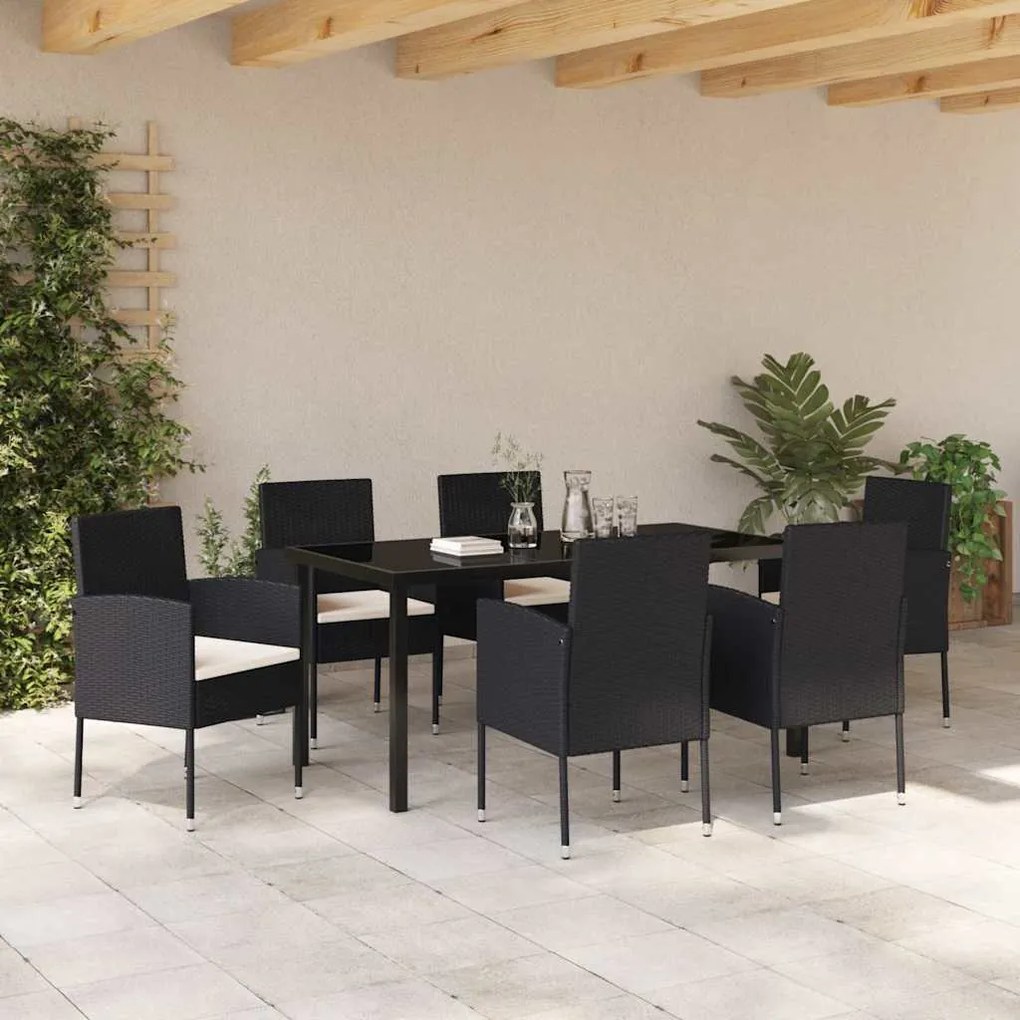 Conjunto de Jantar de Jardim com 7 Peças e Almofadas Pretas em Polirat