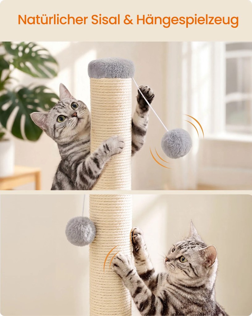 Pequena coluna para arranhar para gatos 40 x 40 x 44 cm ( com tronco de sisal e bola de pelúcia, Cinzento