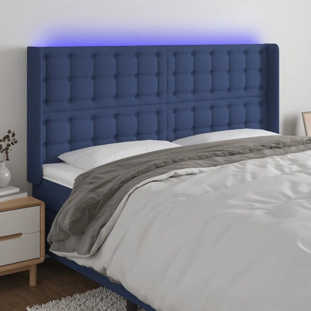 Cabeceira de cama c/ luzes LED tecido 183x16x118/128 cm azul