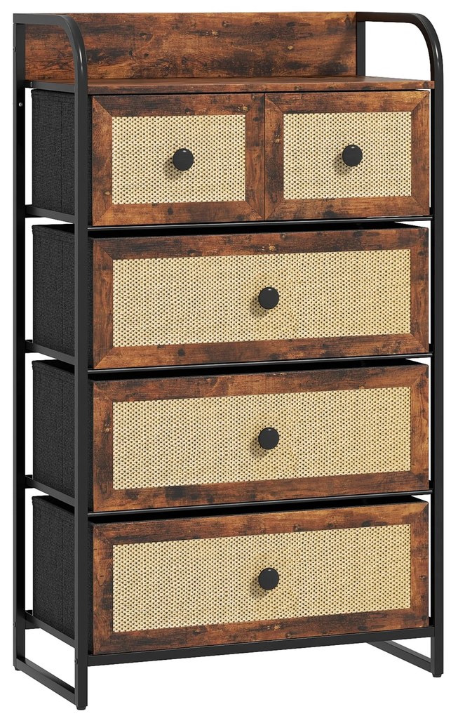 HOMCOM Cómoda de Tecido Cómoda para Dormitório com 5 Gavetas com Frente em Vime e Prateleira 58x29x99 cm Marrom Rústico | Aosom Portugal