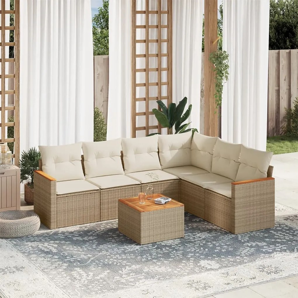 vidaXL 7 pcs conjunto de sofás p/ jardim com almofadões vime PE bege