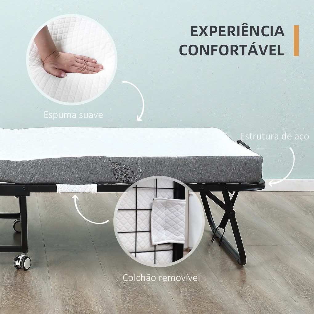 Cama Dobrável 200x75x42,5cm Cama de Campismo Portátil com Colchão Individual Rodas e Travões Carga Máxima 150kg Preta