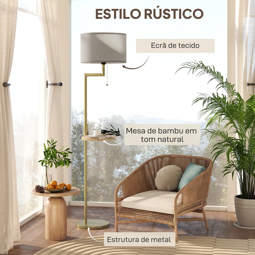 Candeeiro de Pé com Mesa Auxiliar Lâmpada E27 Máx. 40W Ecrã de Linho Interruptor de Corrente e Carregador USB Ø40x170 cm Dourado