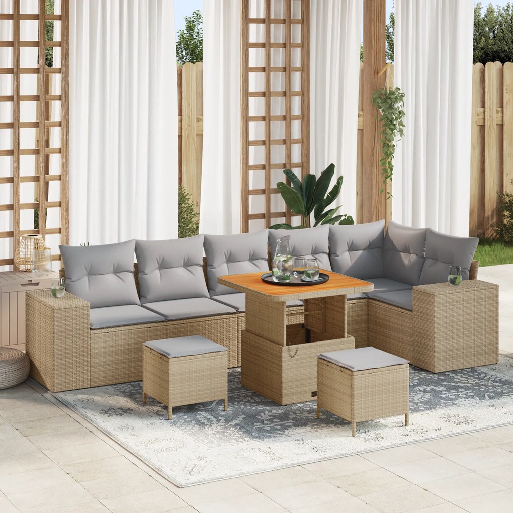 Conjunto de Sofá de Jardim de 9 Peças com Almofadas Bege Vime Sintétic