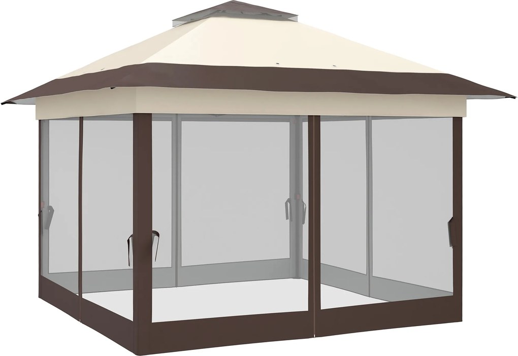 Tenda de jardim pop-up 3,64 C x 3,64 L x 2,98 A m dobrável em aço e poliéster com redes mosquiteiras + saco de transporte com rodas em cáqui e castanh