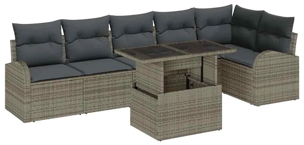 Conjunto de Sofás para Jardim com 7 Peças e Almofadas Cinzas em Rattan