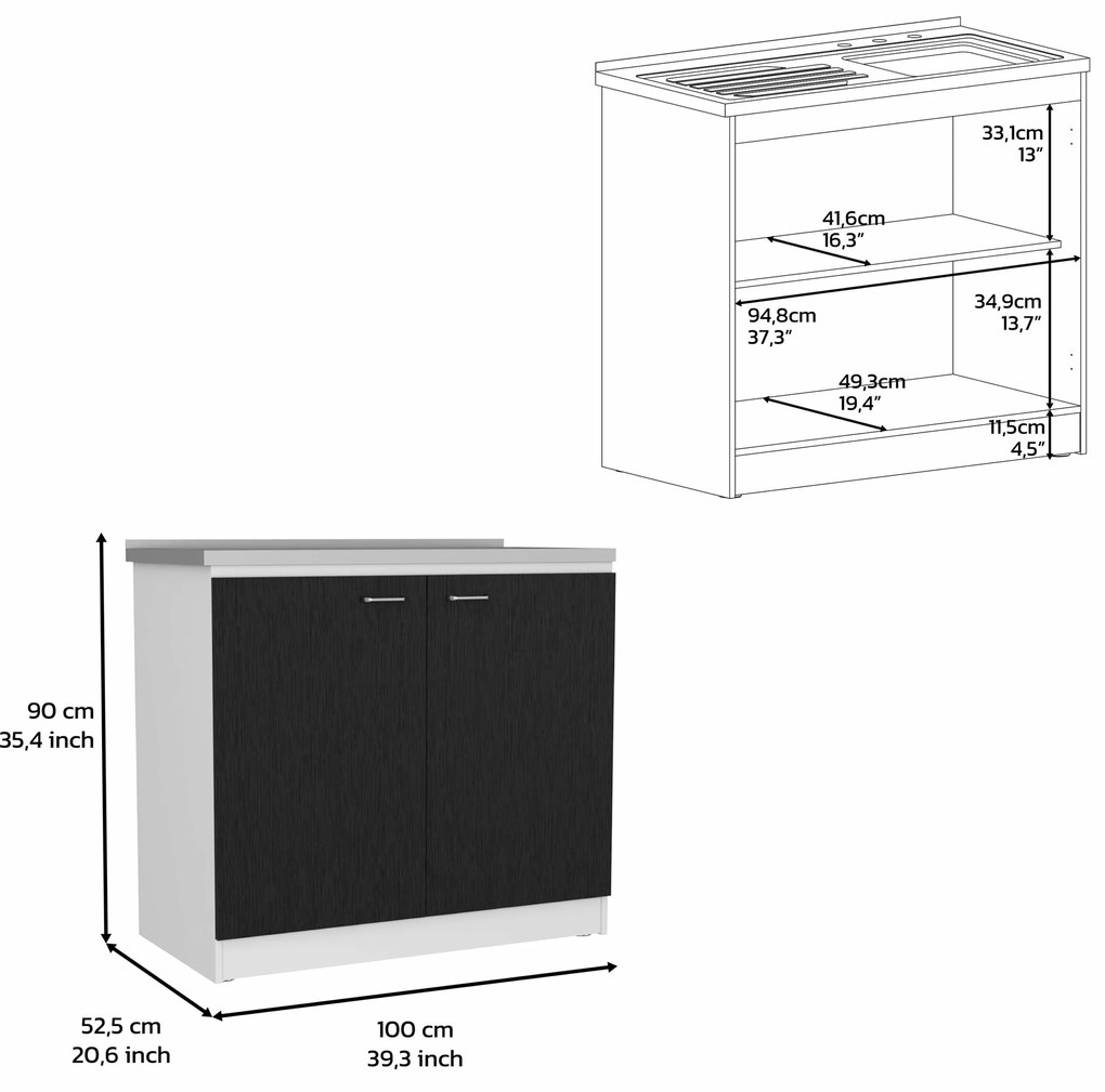 Móvel de cozinha com lava-louças e bancada de alumínio e prateleiras internas, 90cm a x 52,5 cm p x 100cm L, branco/preto