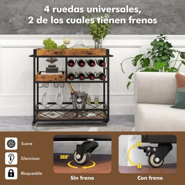 Carrinho garrafeira e de serviço de bar de 3 níveis Tabuleiro amovível Suporte de vinho Suporte de copos para cozinha Sala de jantar 80x40x83cm Castan