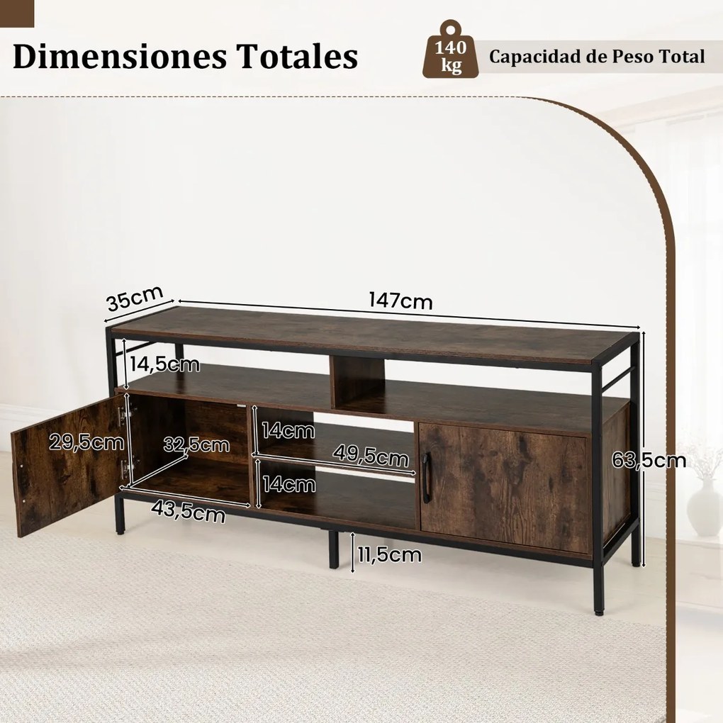 Móvel para TV até 65" com 2 armários e 4 prateleiras abertas, em madeira com pés de metal 147 x 35 x 63,5 cm Castanho rústico
