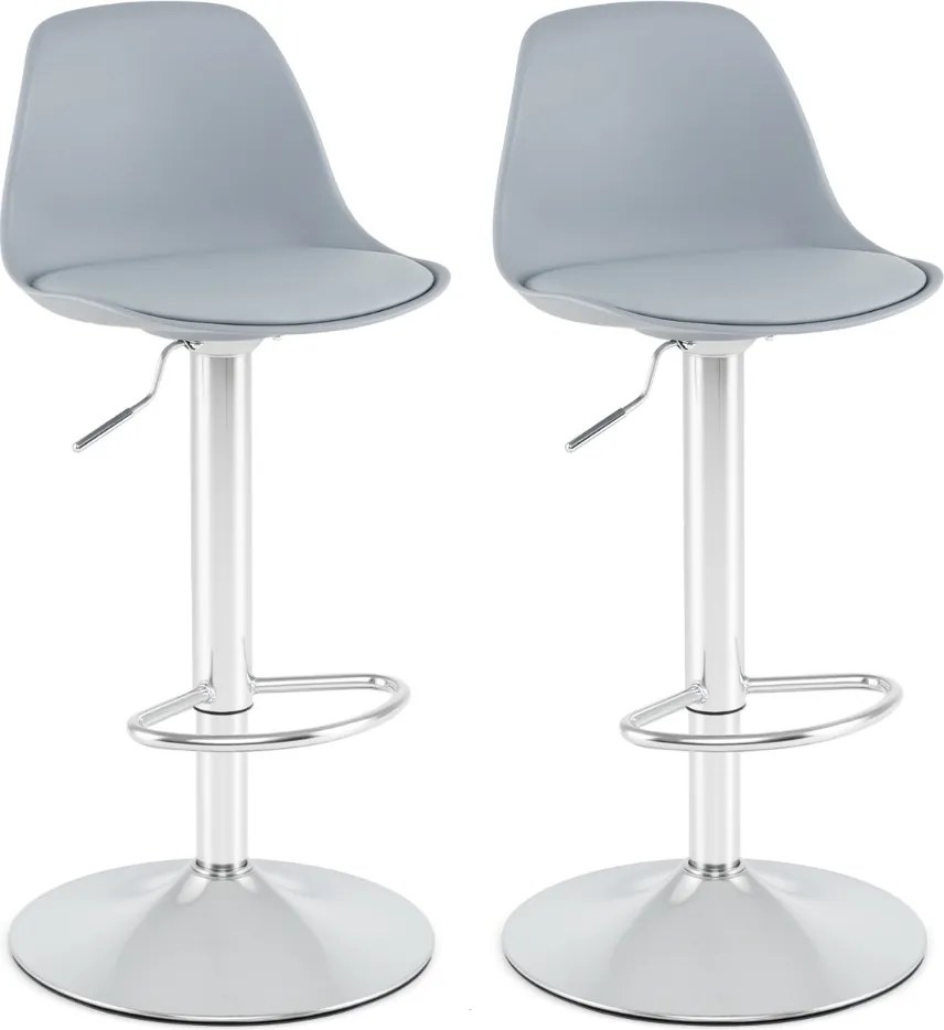 Conjunto de 2 bancos giratórios de bar com encosto ajustável em altura, estofados em couro sintético e apoio para os pés cinza e prata