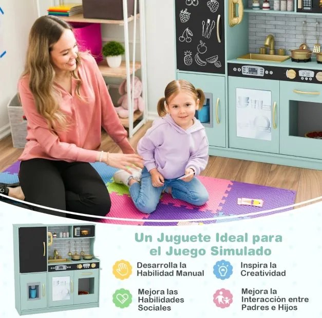 Cozinha de brincar para crianças 82 x 24 x 80 cm com quadro negro, telefone, fogão, máquina de lavar louça, máquina de gelo e forno com sons reais, ve