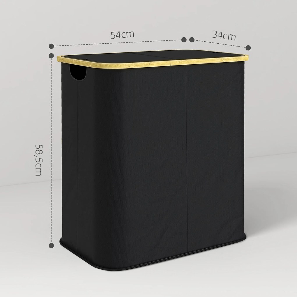 Cesto de roupa suja dobrável de 80 L com tampa, pegas ranhuradas, preto