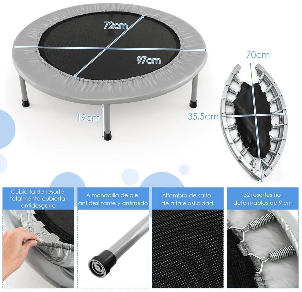 Trampolim dobrável com almofadas elásticas e molas para equilíbrio cardiovascular e força 97 x 97 x 22,5 cm Prata