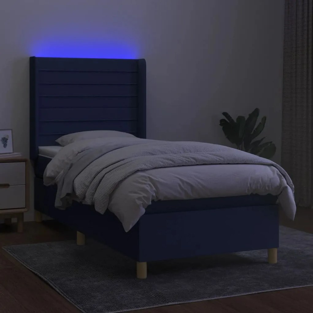 Cama box spring c/ colchão e LED 90x200 cm tecido azul