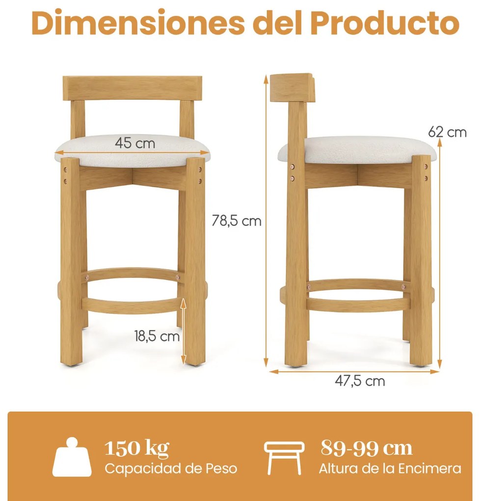 Conjunto de 2 bancos altos de bar estofados em veludo Teddy com encosto e apoio para os pés em madeira Natural+Branco