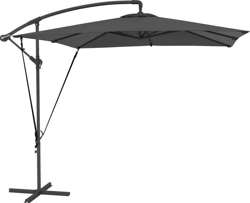 Chapéu de Sol Excêntrico 247x247 cm com Base Cruzada Capa Ajustável Manivela Capa Protectora e Corda de Vento Cinza Escuro