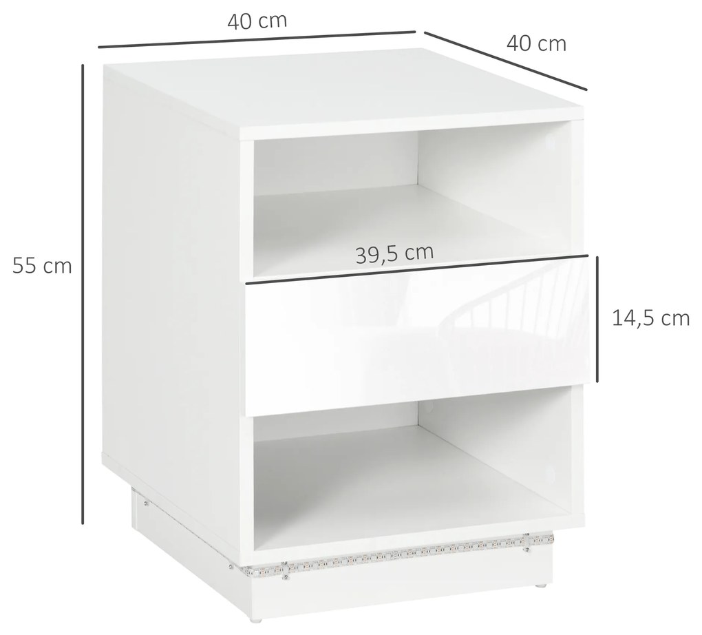 HOMCOM Mesa de Cabeceira Moderna com Luz LED Mesa de Cabeceira com Controlo Remoto Gaveta de Alto Brilho e 2 Prateleiras para Sala de Estar Dormitório 40x40x55 cm Branco