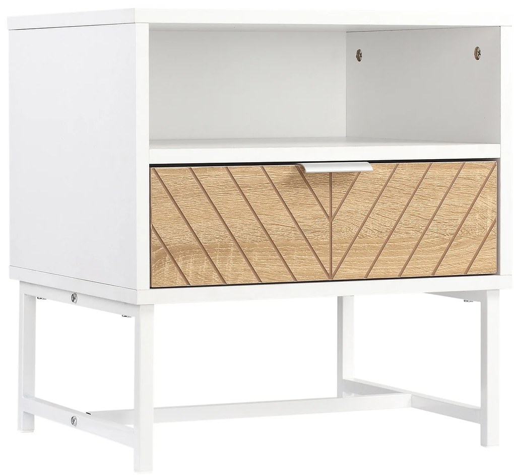 HOMCOM Mesa de Cabeceira Moderna Mesa de Cabeceira com Gaveta e Compartimento 45x39x48 cm Branco e Carvalho