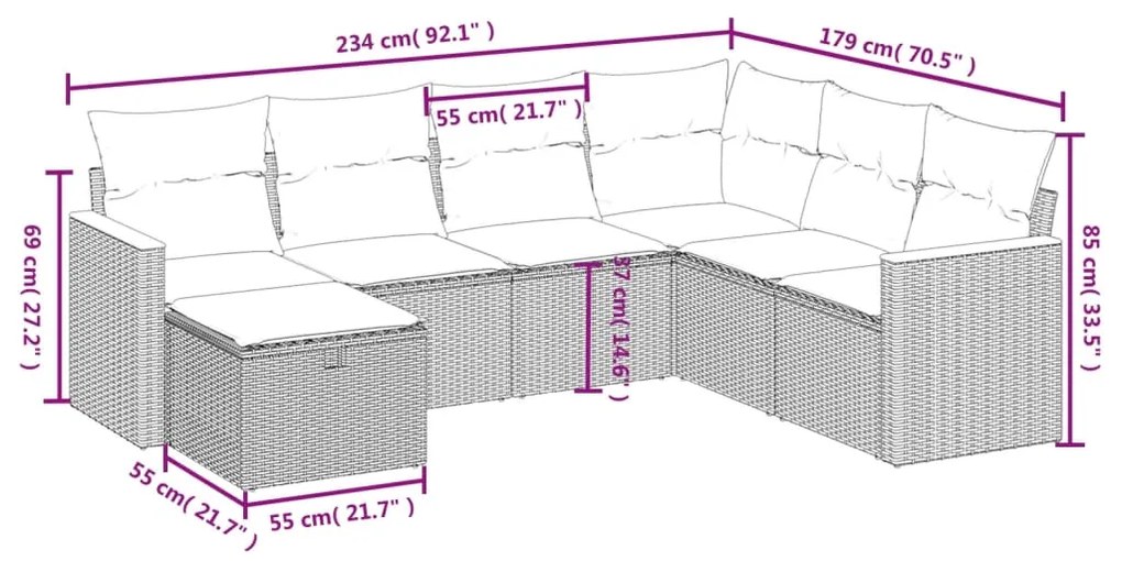 7 pcs conjunto sofás p/ jardim c/ almofadões vime PE cinzento
